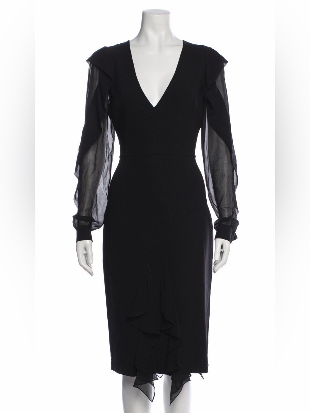 Michael Kors Collection Black V-Neck Midi Dress with Sheer Puff Sleeves
